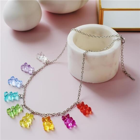 Y2K rainbow gummy bear necklace colorful bead choker jewelry gift for women - Picture 2 of 5